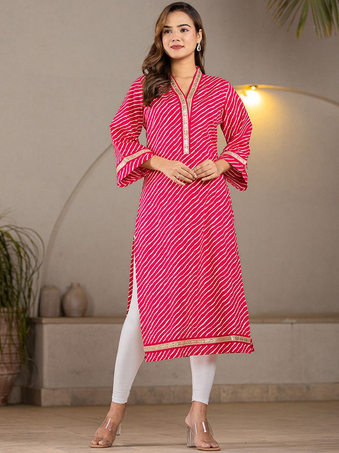 

Yufta Women Striped Flared Sleeves Mirror Work Kurta, Pink