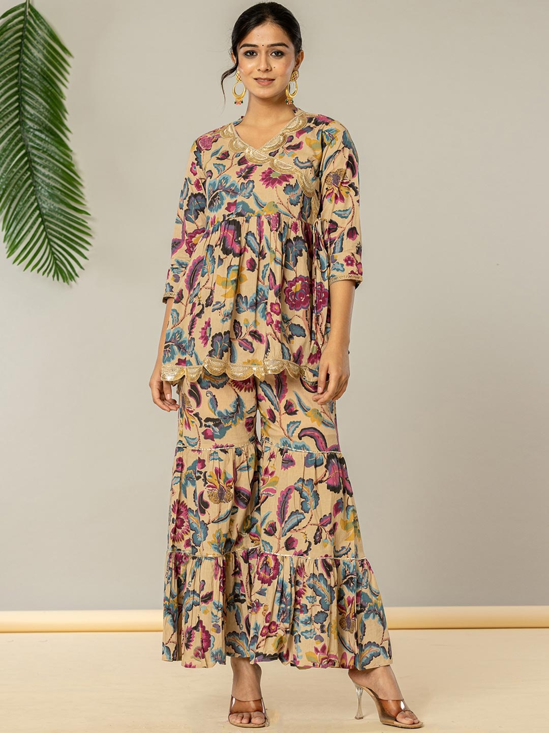 

Yufta Printed Peplum Top With Sharara Co-Ords, Blue