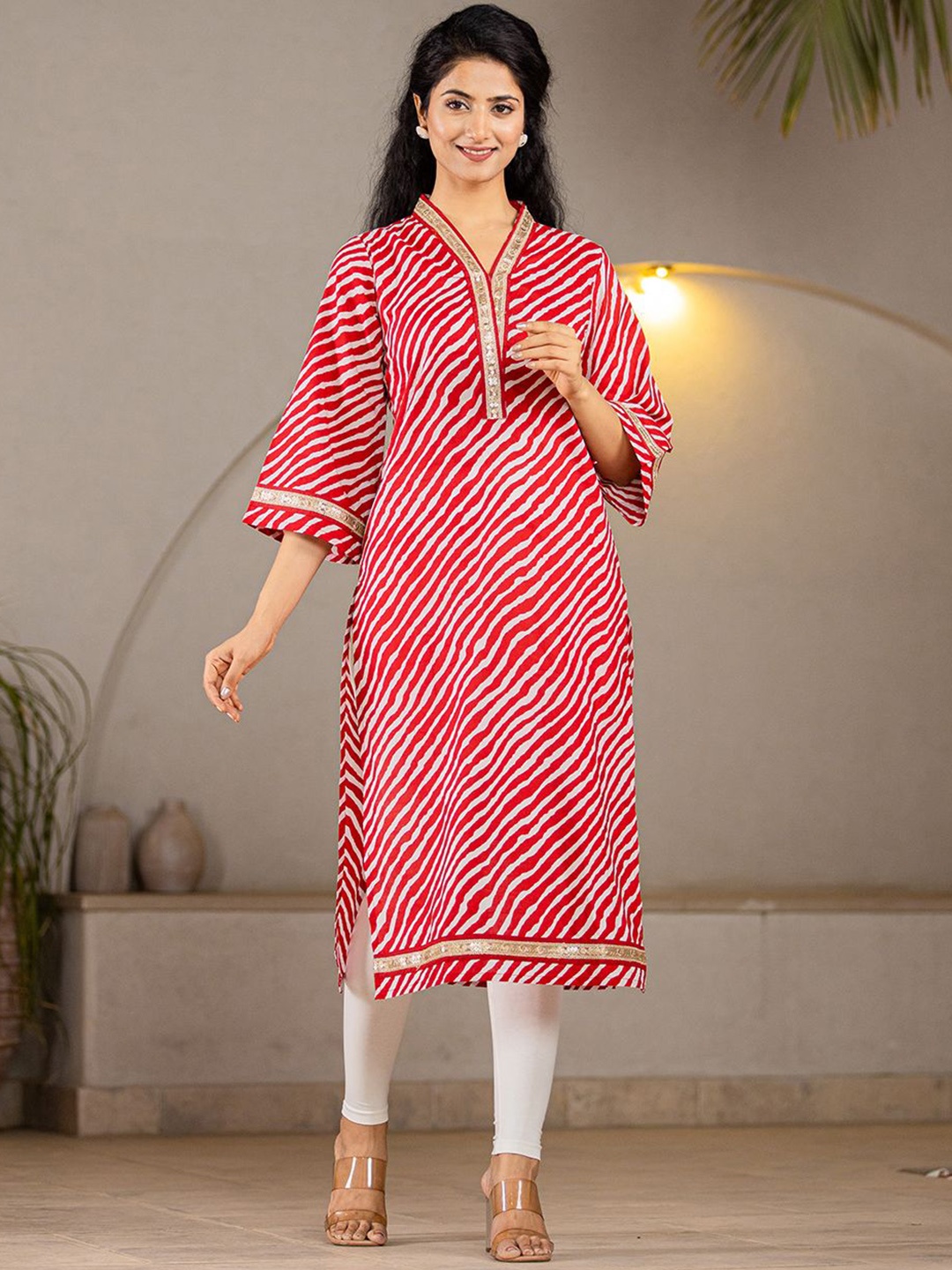 Yufta Women Striped Flared Sleeves Mirror Work Kurta, Red