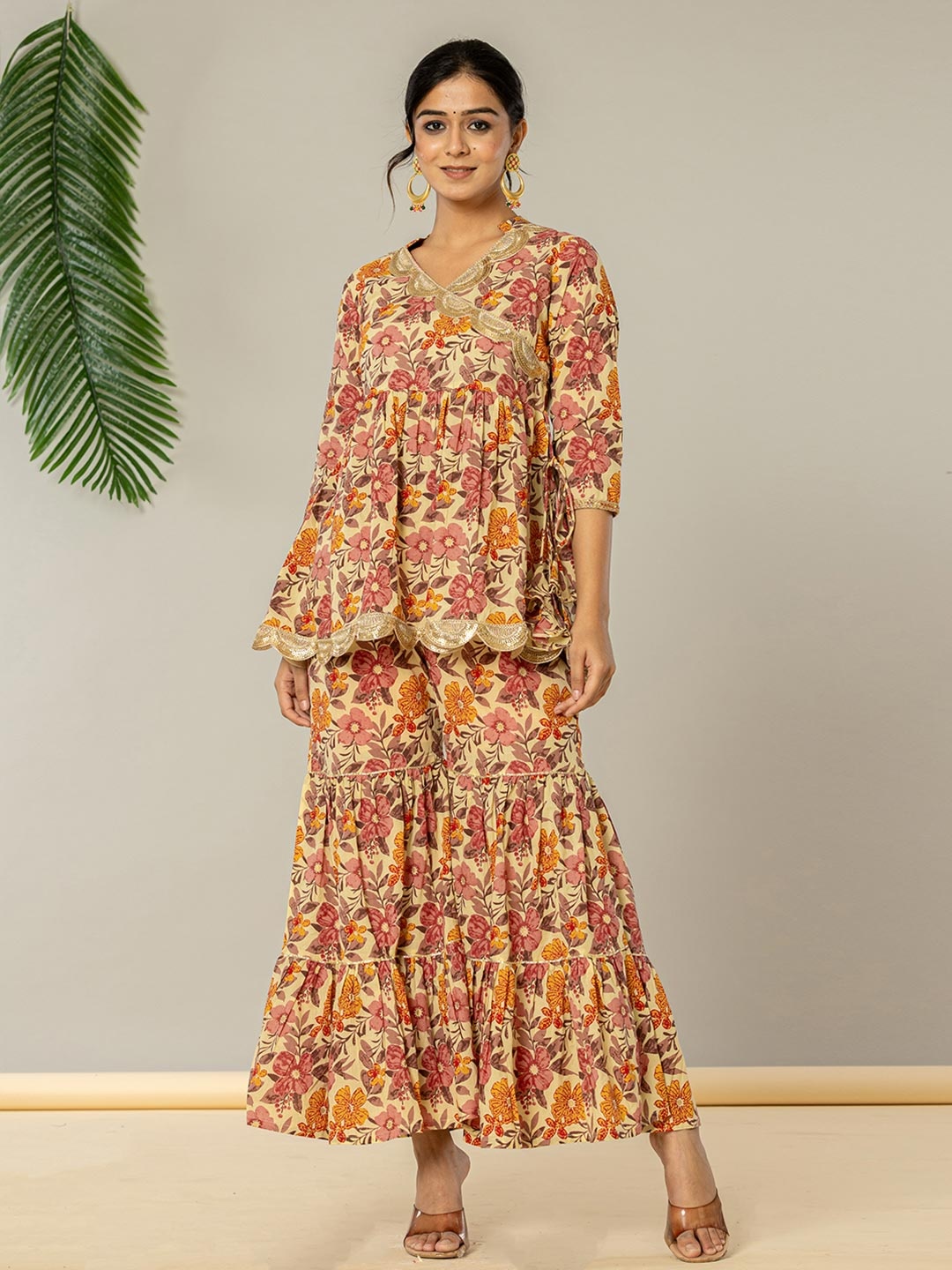 

Yufta Printed Pure Cotton Peplum Top With Palazzos Co-Ords, Beige