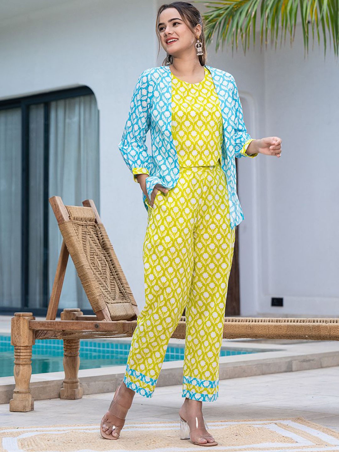 

Yufta Floral Printed Pure Cotton Crop Top Jacket With Trouser Co-Ords, Lime green