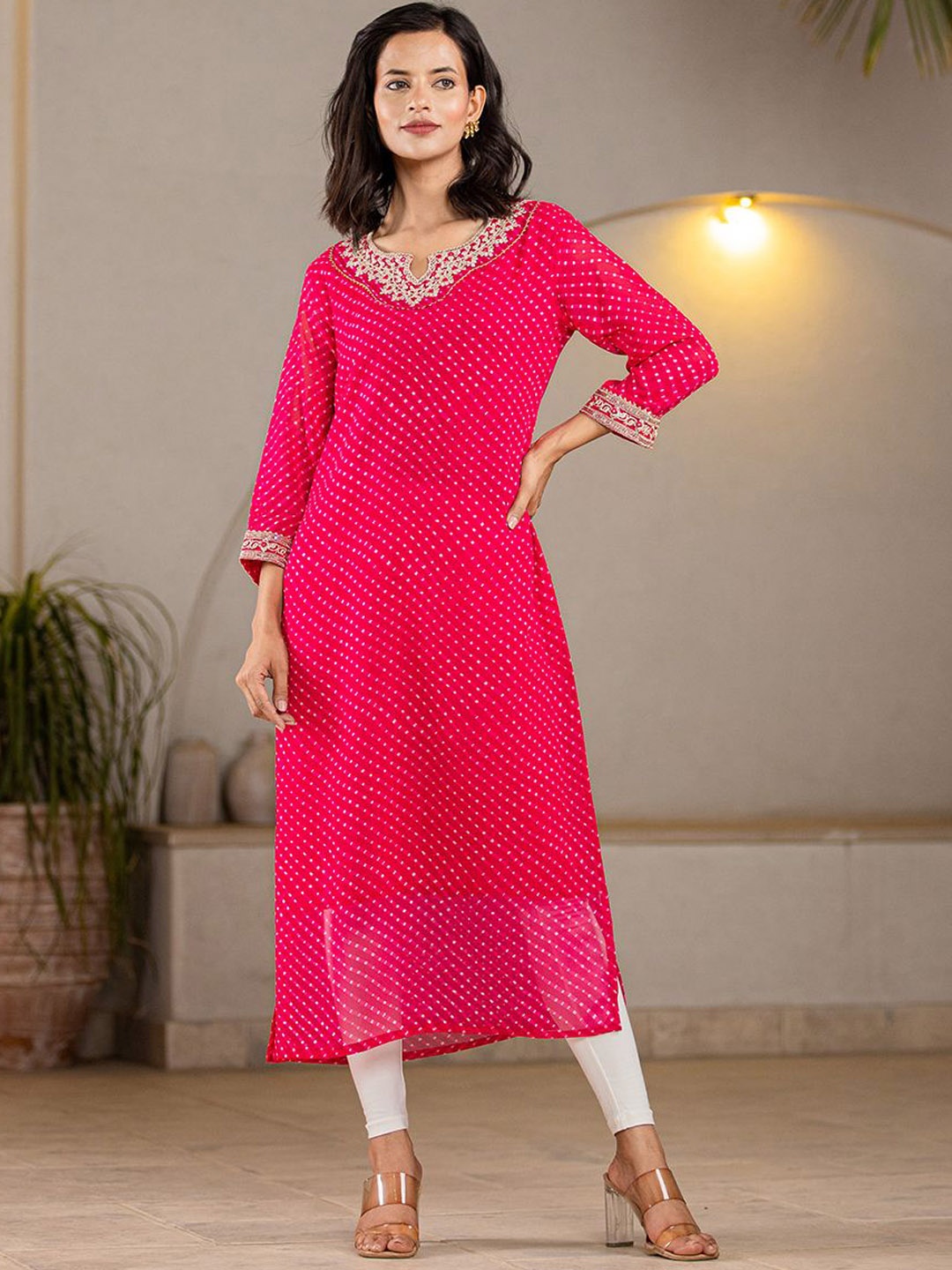 

Yufta Women Embroidered Flared Sleeves Thread Work Georgette Kurta, Pink