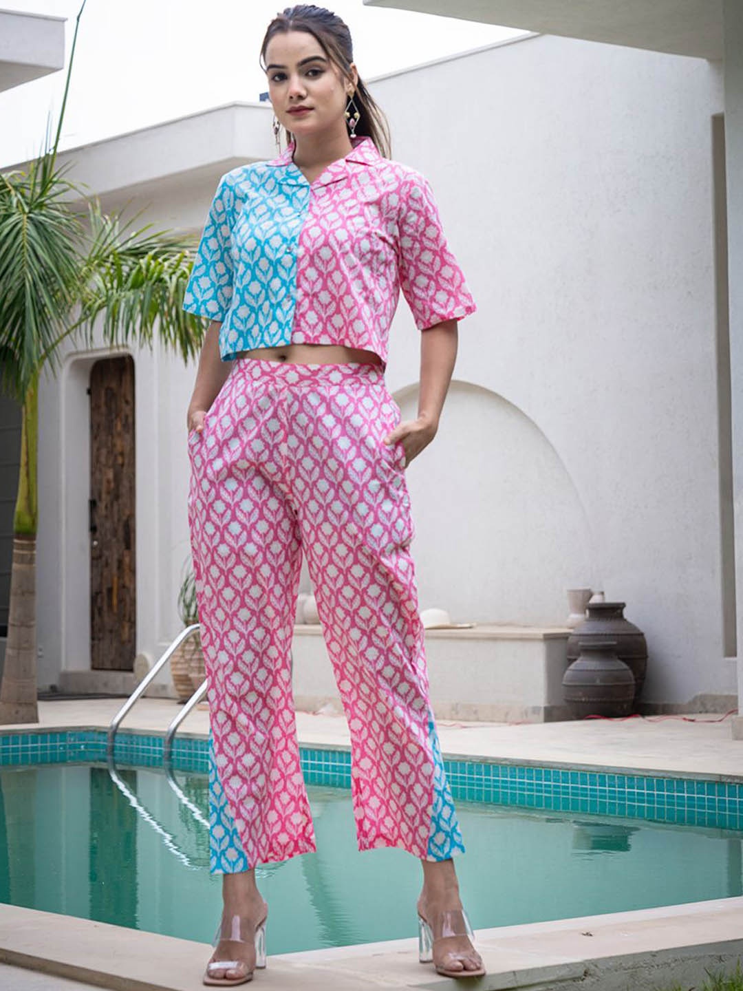 

Yufta Prined Pure Cotton Shirt With Trouser Co-Ords, Pink