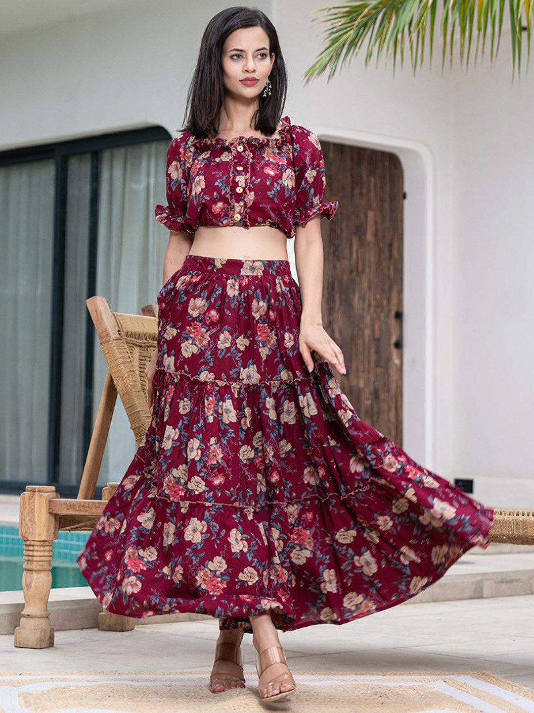 

Yufta Printed Pure Cotton Short Sleeves Top With Flared Skirt Co-Ords, Maroon