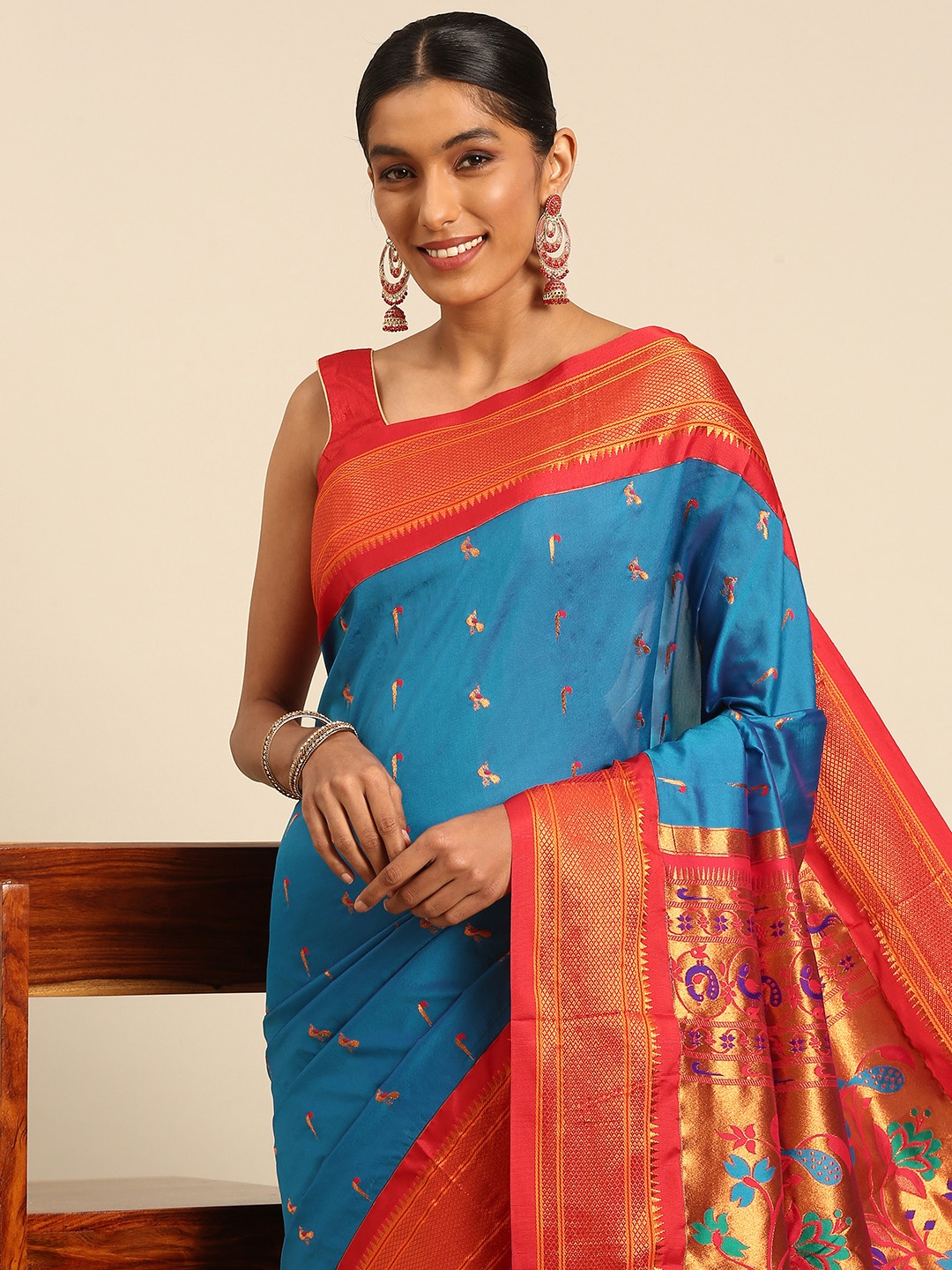 

Varkala Silk Sarees Ethnic Motifs Zari Paithani Saree, Turquoise blue