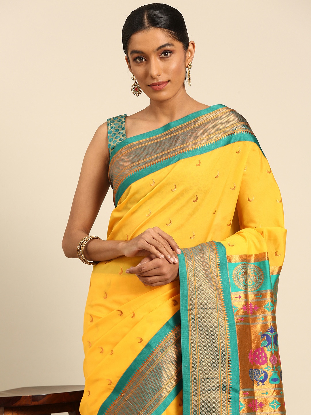 

Varkala Silk Sarees Ethnic Motifs Zari Paithani Saree, Gold