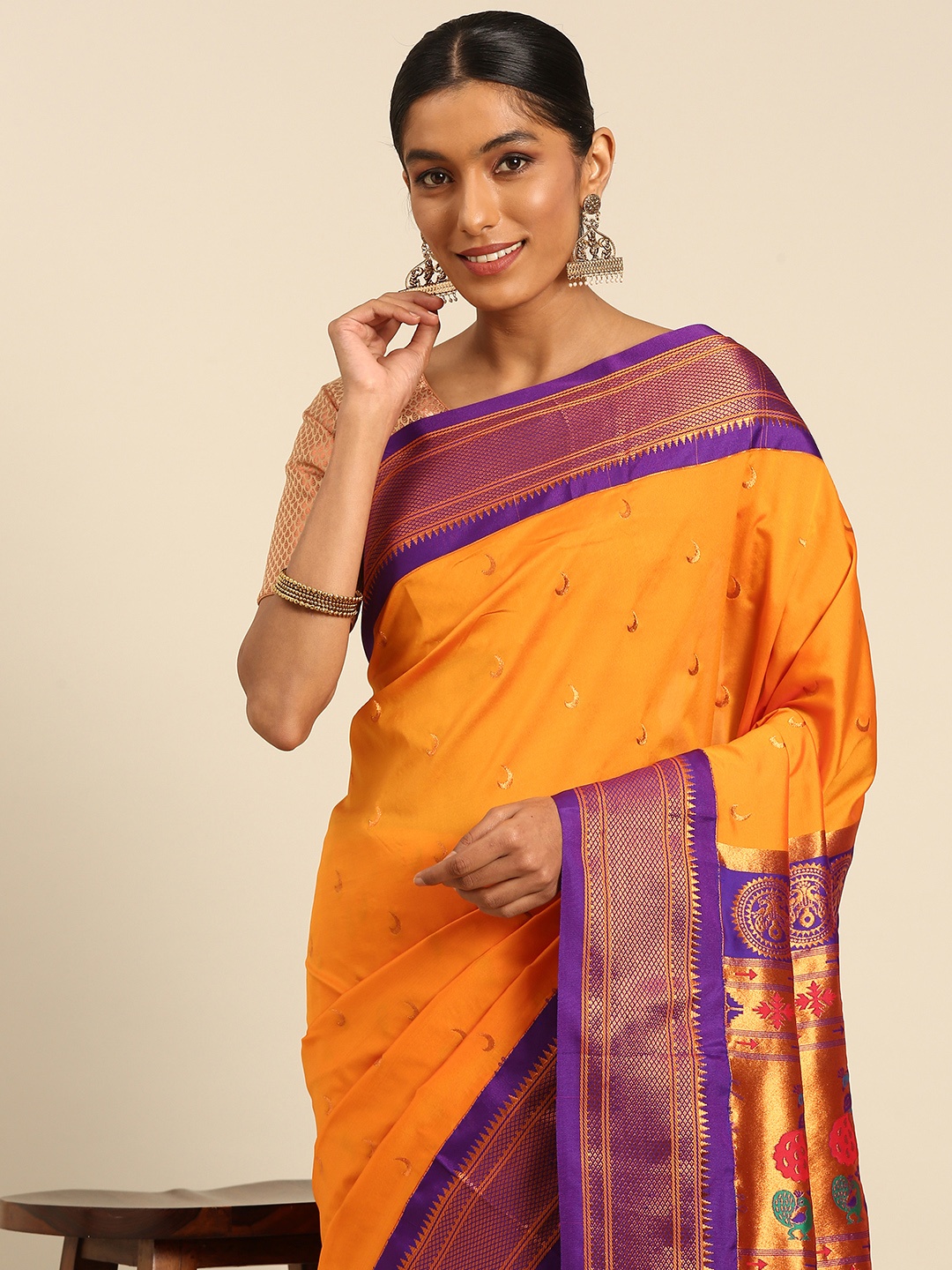 

Varkala Silk Sarees Ethnic Motifs Zari Paithani Saree, Mustard