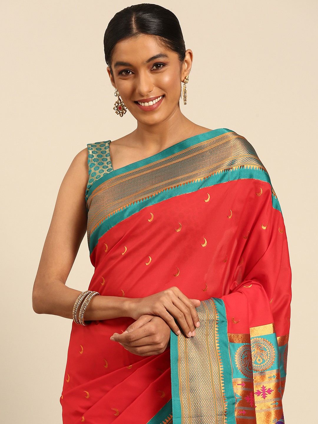 

Varkala Silk Sarees Ethnic Motifs Zari Paithani Saree, Red