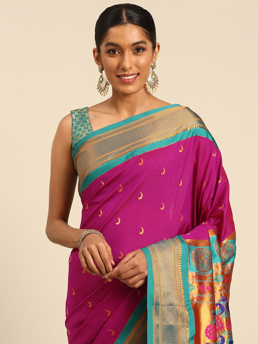 

Varkala Silk Sarees Ethnic Motifs Zari Paithani Saree, Magenta
