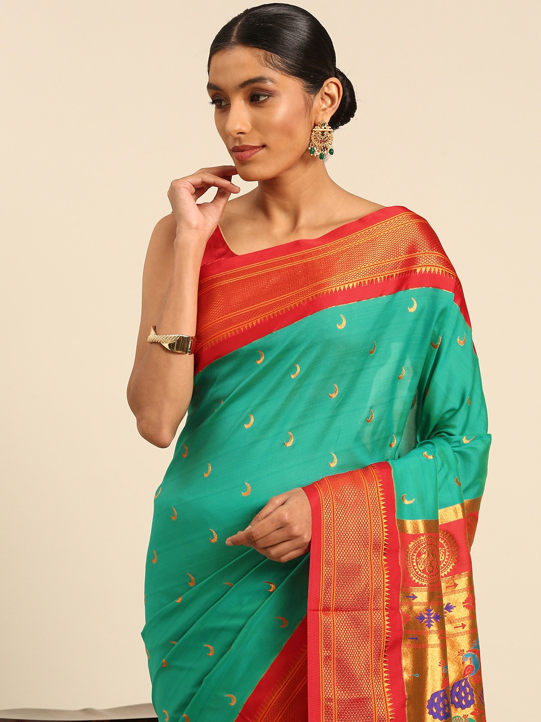 

Varkala Silk Sarees Ethnic Motifs Zari Paithani Saree, Sea green