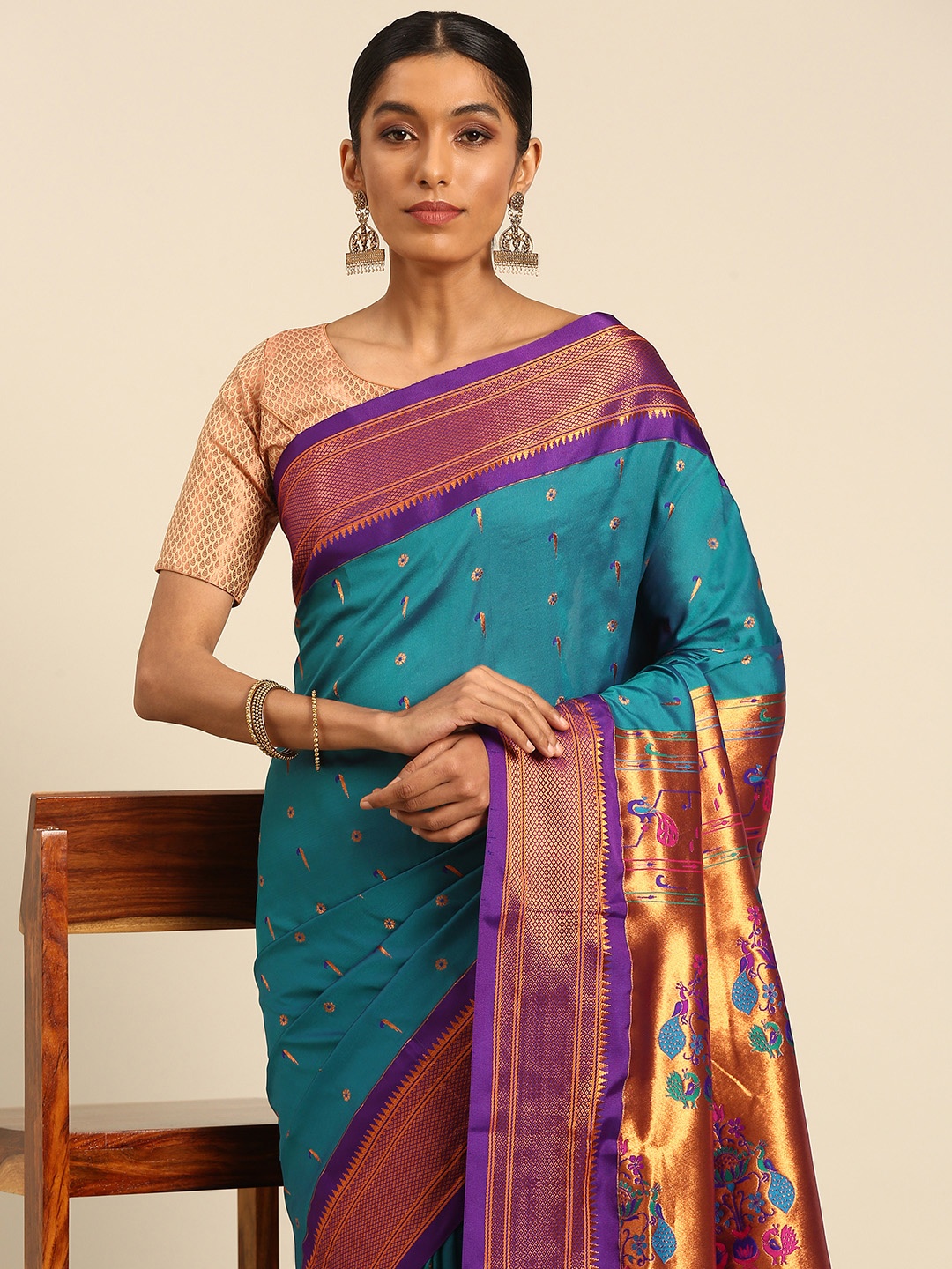 

Varkala Silk Sarees Ethnic Motifs Zari Paithani Saree, Teal