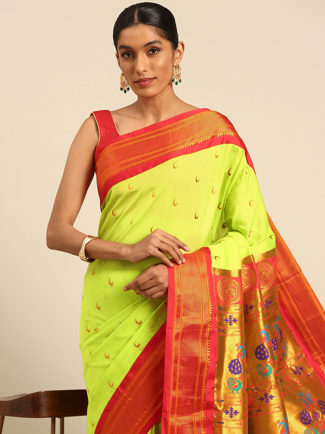 

Varkala Silk Sarees Ethnic Motifs Zari Paithani Saree, Lime green