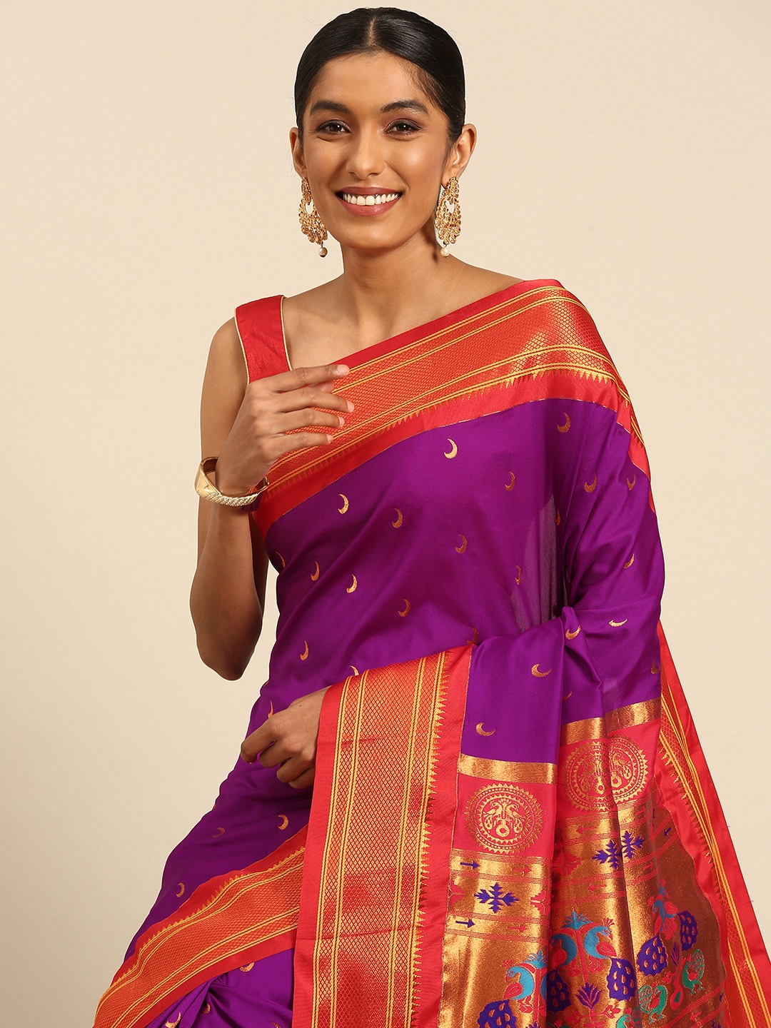 

Varkala Silk Sarees Ethnic Motifs Zari Paithani Saree, Purple