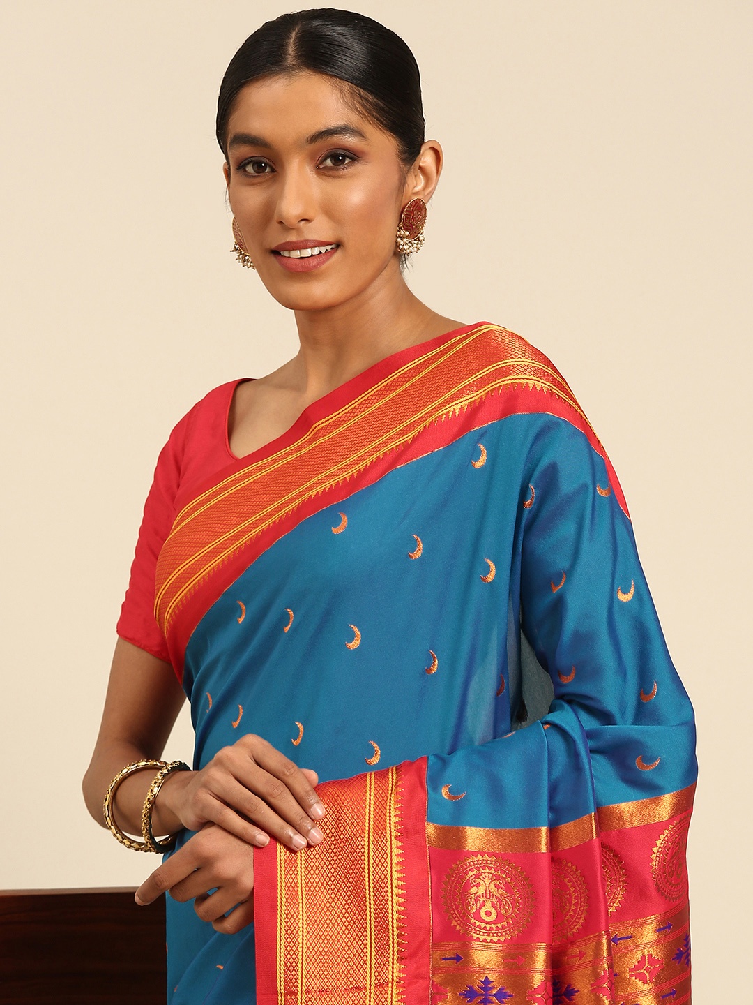 

Varkala Silk Sarees Ethnic Motifs Zari Paithani Saree, Turquoise blue