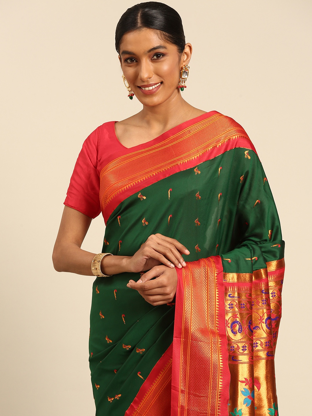 

Varkala Silk Sarees Ethnic Motifs Zari Paithani Saree, Green