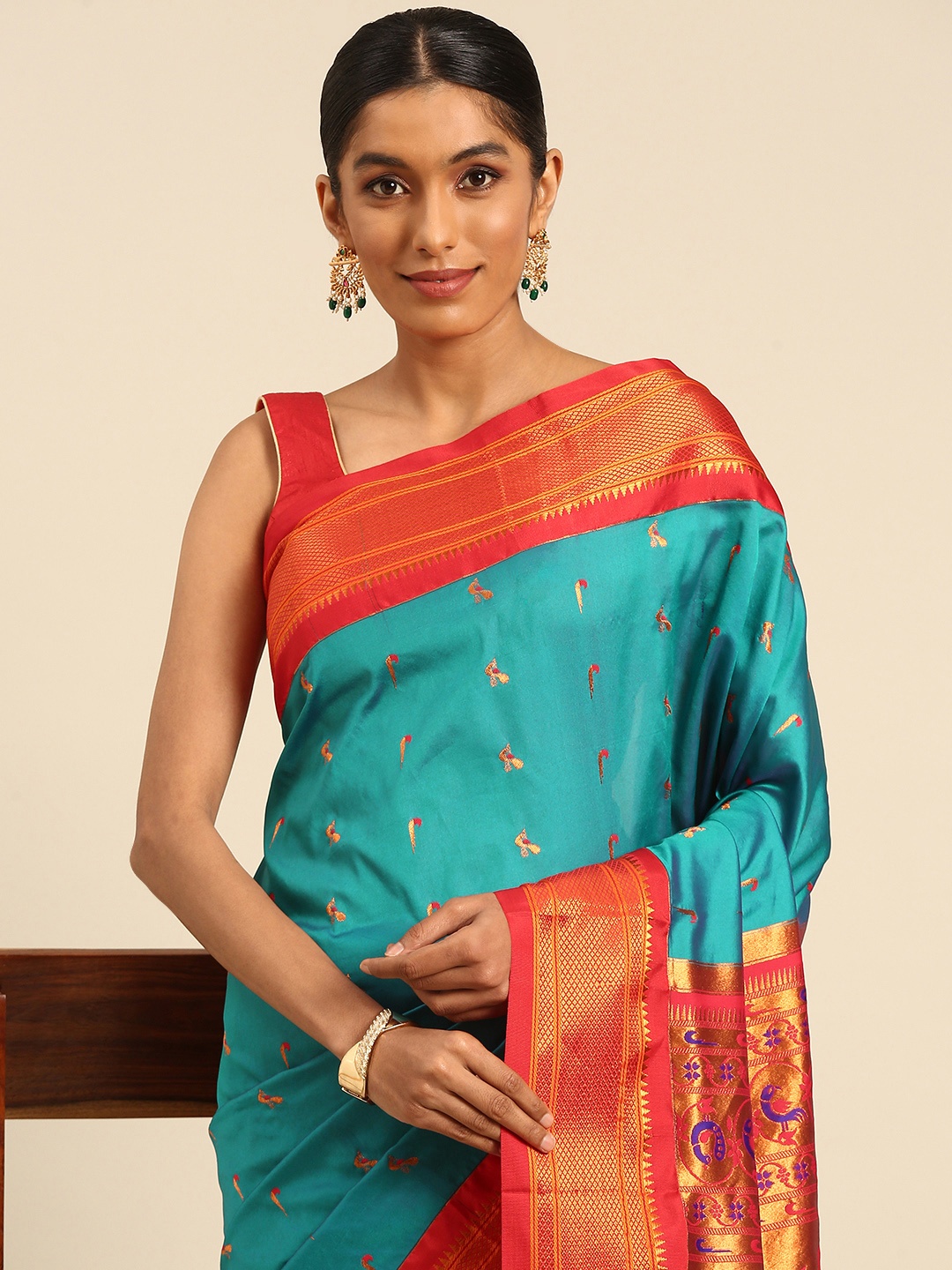 

Varkala Silk Sarees Ethnic Motifs Zari Paithani Saree, Teal