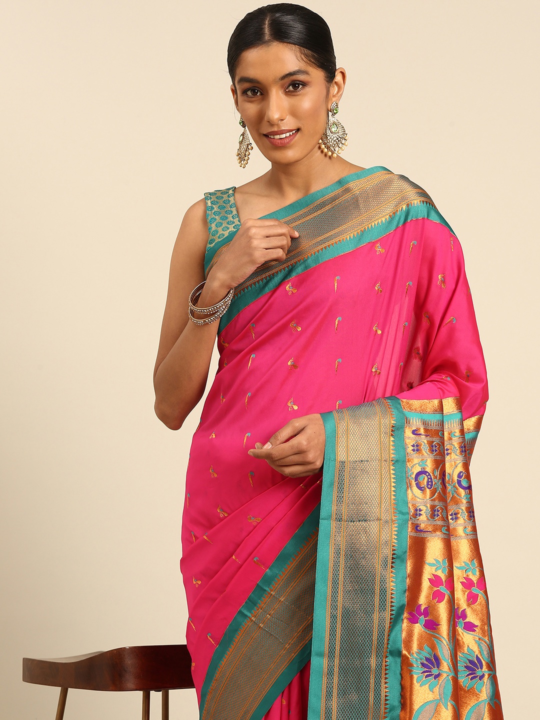 

Varkala Silk Sarees Ethnic Motifs Zari Paithani Saree, Pink