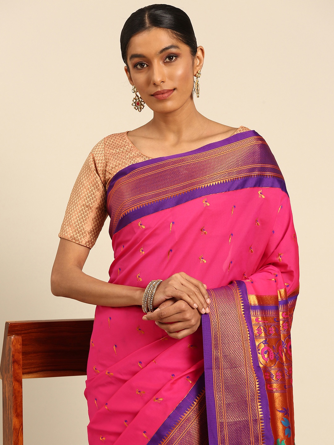 

Varkala Silk Sarees Ethnic Motifs Zari Paithani Saree, Pink