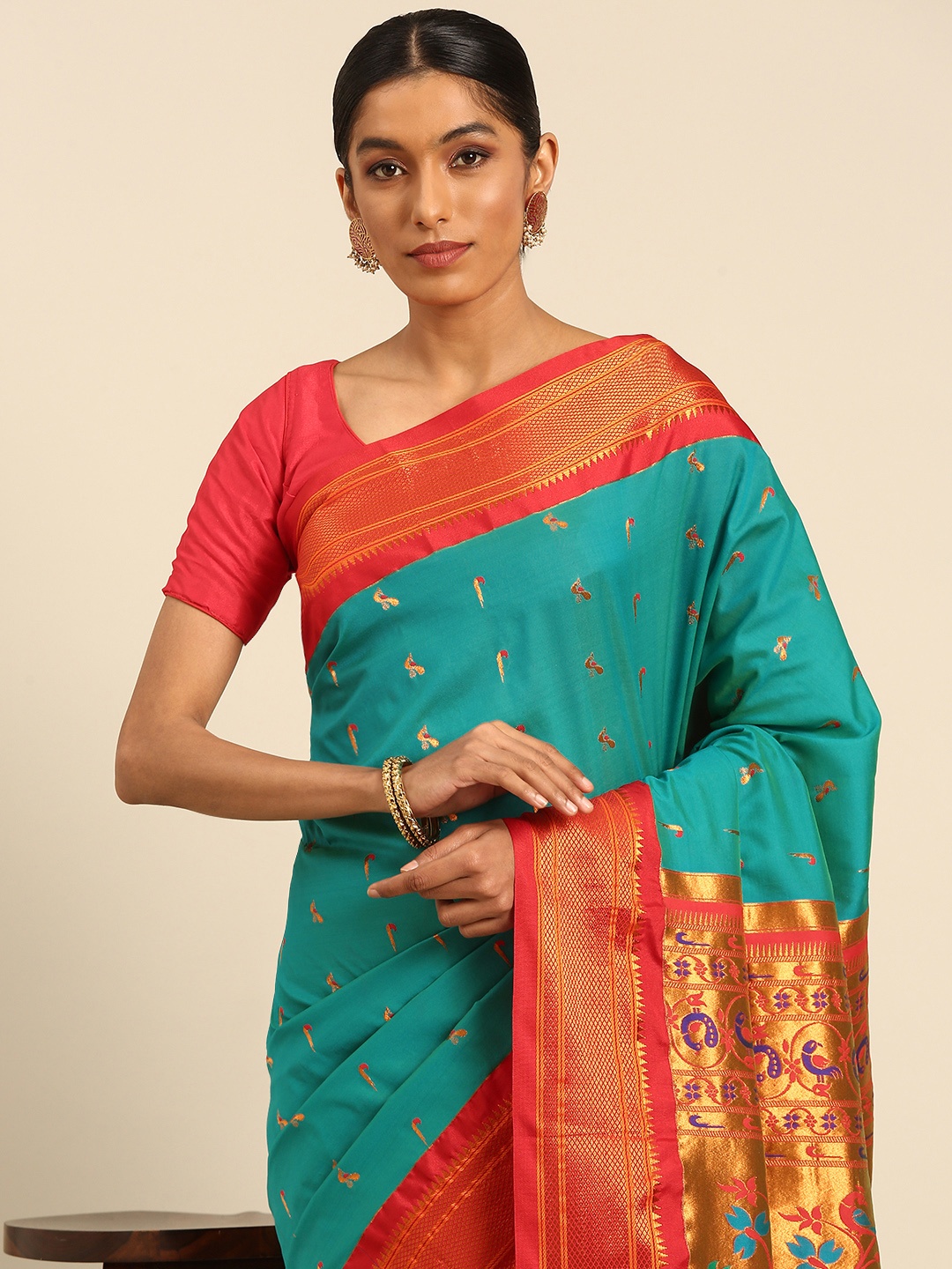 

Varkala Silk Sarees Ethnic Motifs Zari Paithani Saree, Turquoise blue