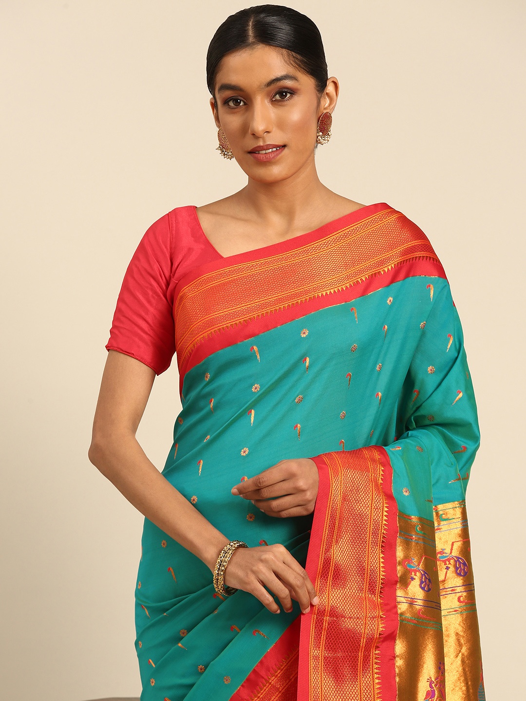 

Varkala Silk Sarees Ethnic Motifs Zari Paithani Saree, Turquoise blue