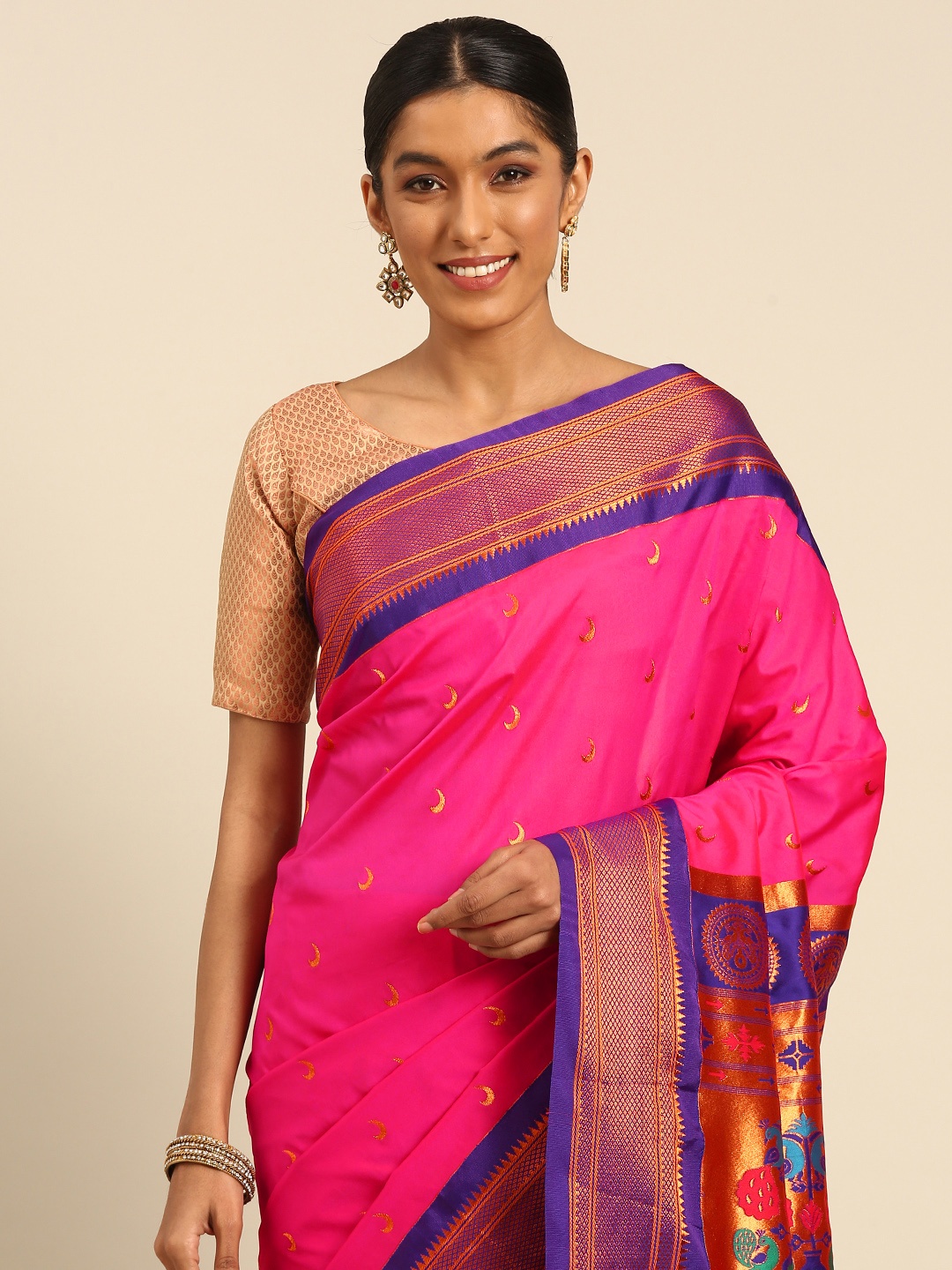 

Varkala Silk Sarees Ethnic Motifs Zari Paithani Saree, Pink