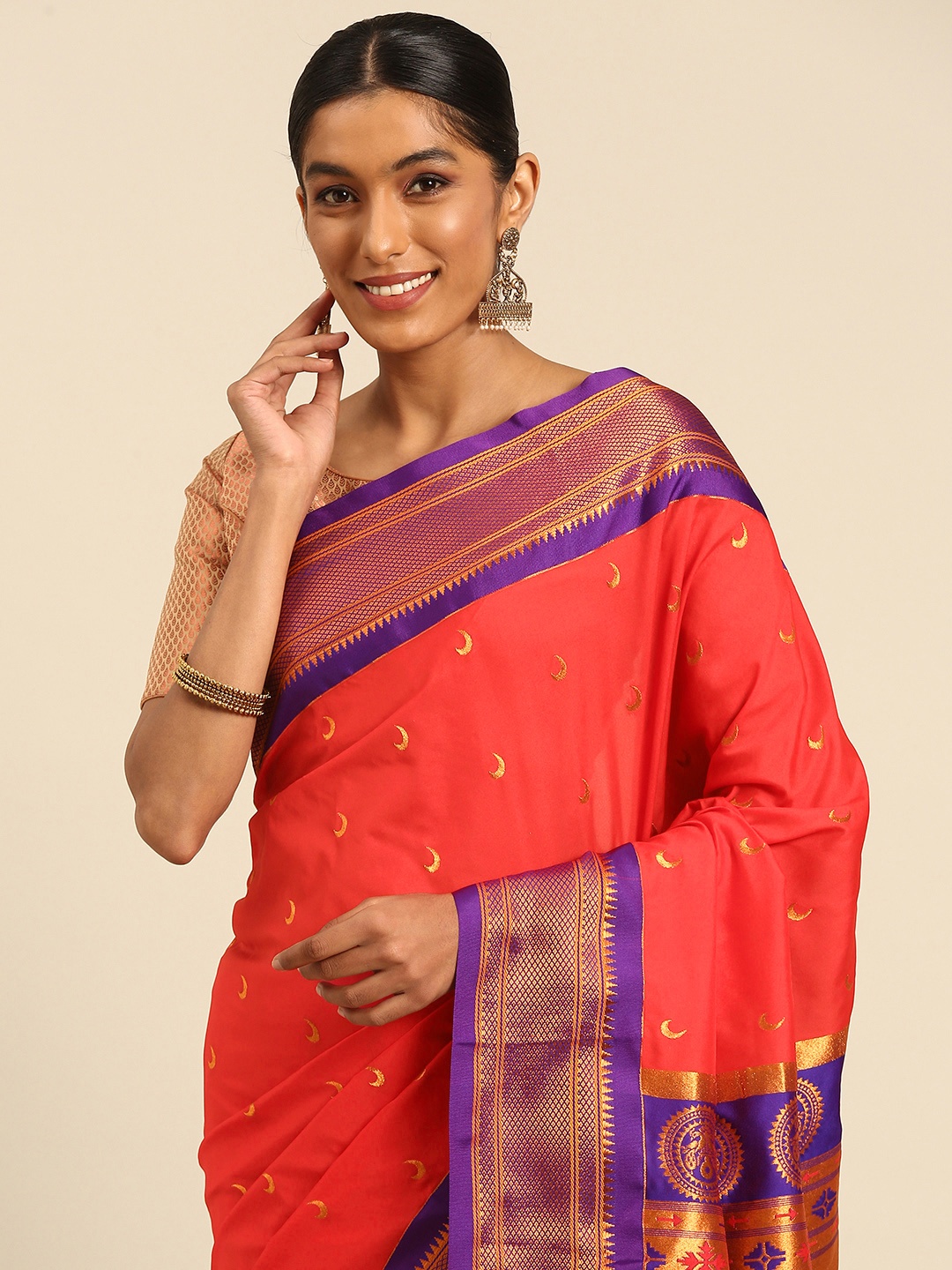 

Varkala Silk Sarees Ethnic Motifs Zari Paithani Saree, Red