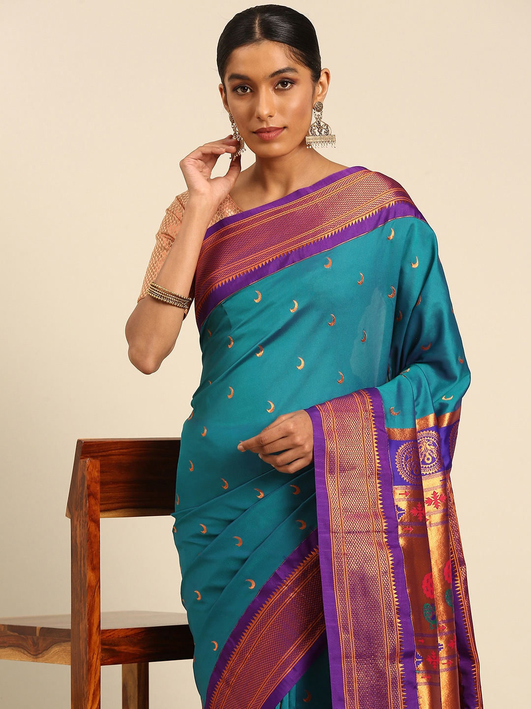 

Varkala Silk Sarees Ethnic Motifs Zari Paithani Saree, Teal