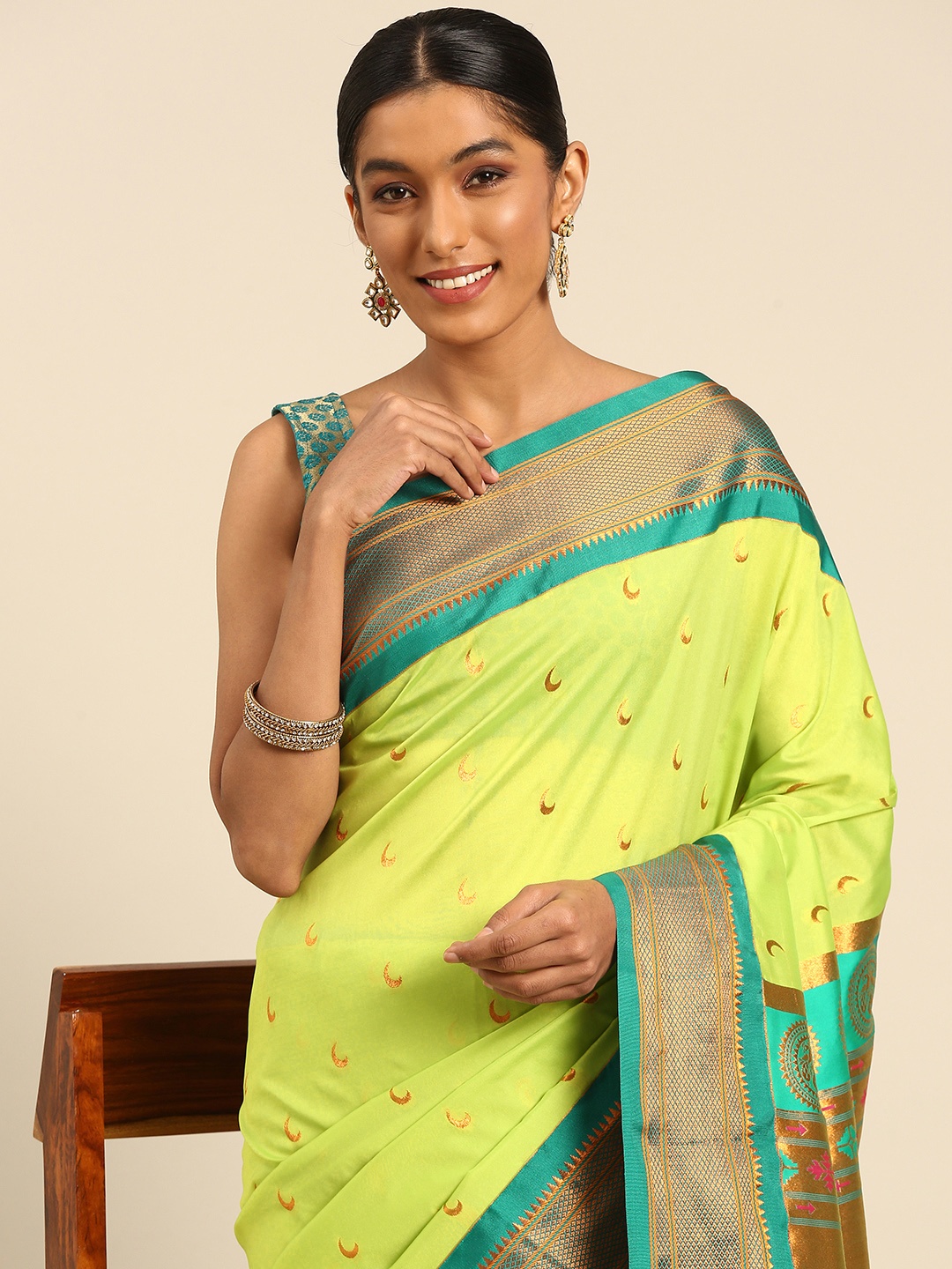 

Varkala Silk Sarees Ethnic Motifs Zari Paithani Saree, Lime green