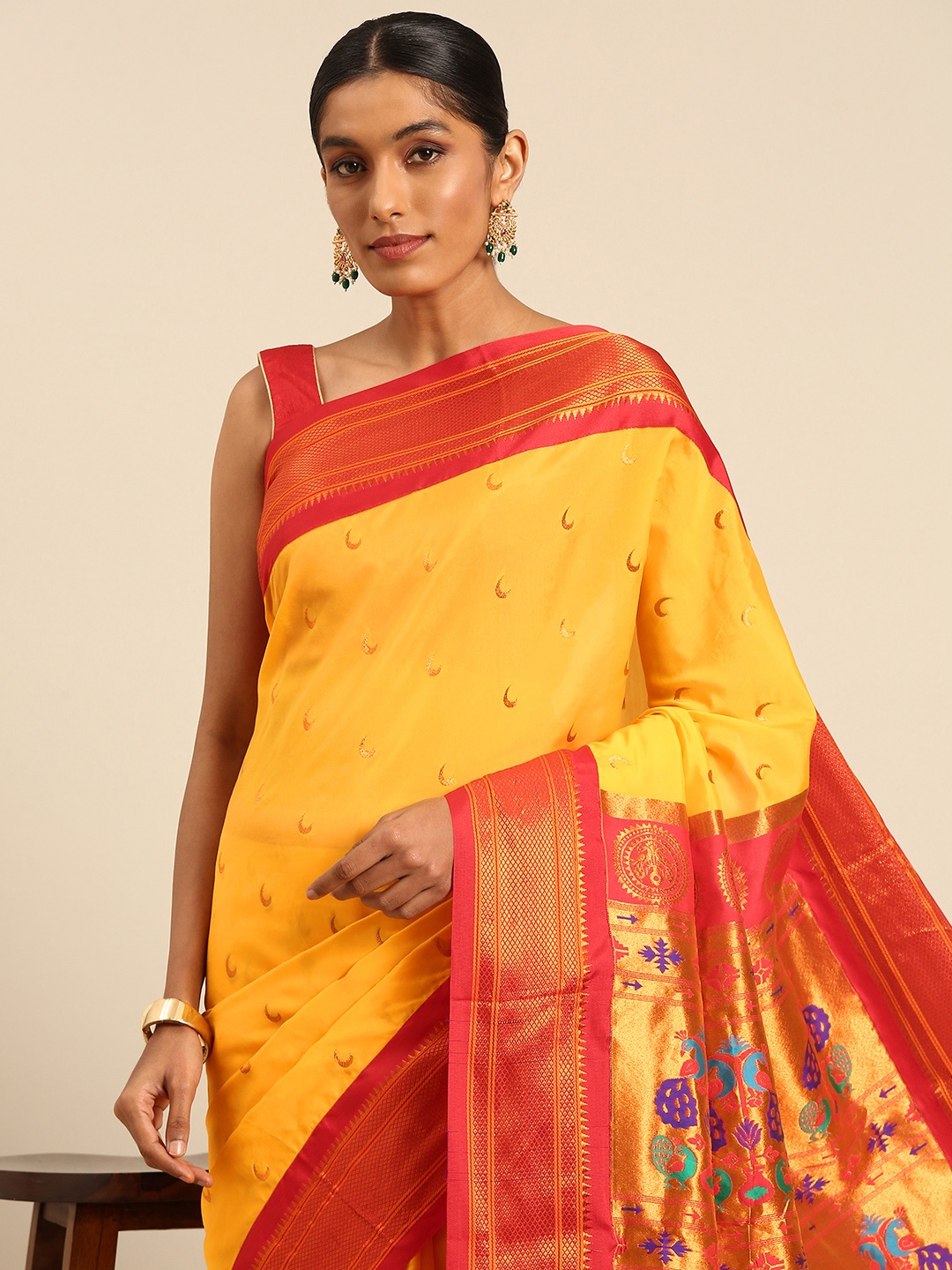 

Varkala Silk Sarees Ethnic Motifs Zari Paithani Saree, Gold