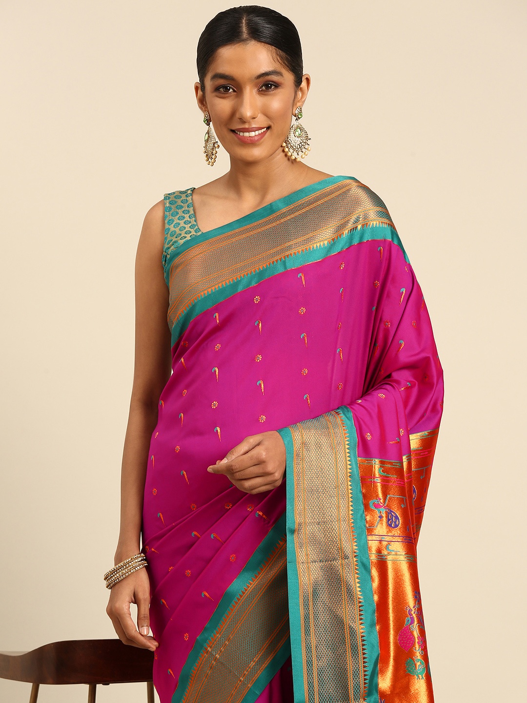 

Varkala Silk Sarees Ethnic Motifs Zari Paithani Saree, Magenta