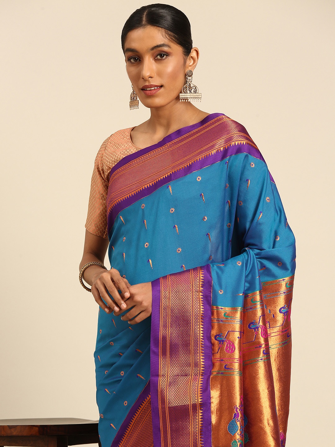 

Varkala Silk Sarees Ethnic Motifs Zari Paithani Saree, Turquoise blue