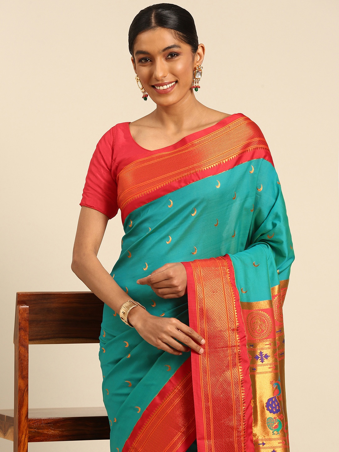 

Varkala Silk Sarees Ethnic Motifs Zari Paithani Saree, Turquoise blue