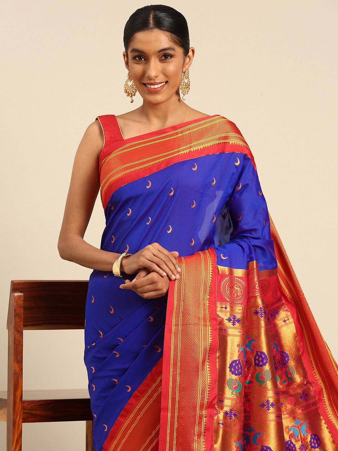 

Varkala Silk Sarees Ethnic Motifs Zari Paithani Saree, Blue