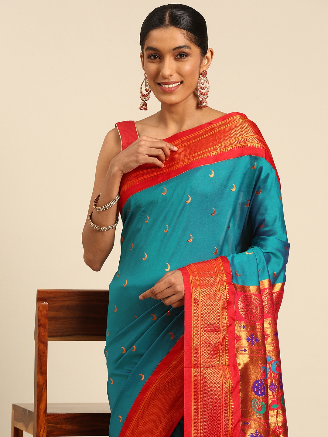 

Varkala Silk Sarees Ethnic Motifs Zari Paithani Saree, Teal