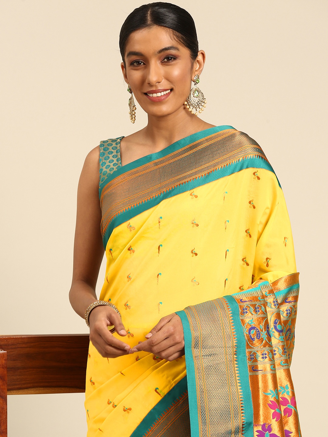 

Varkala Silk Sarees Ethnic Motifs Zari Paithani Saree, Yellow