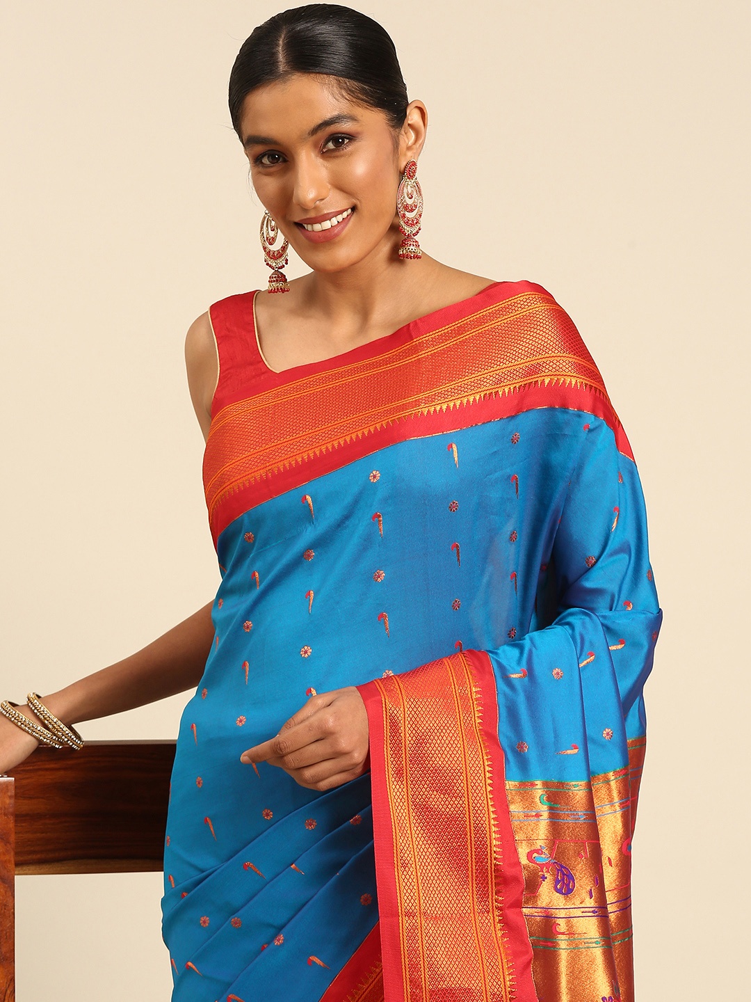 

Varkala Silk Sarees Ethnic Motifs Zari Paithani Saree, Turquoise blue