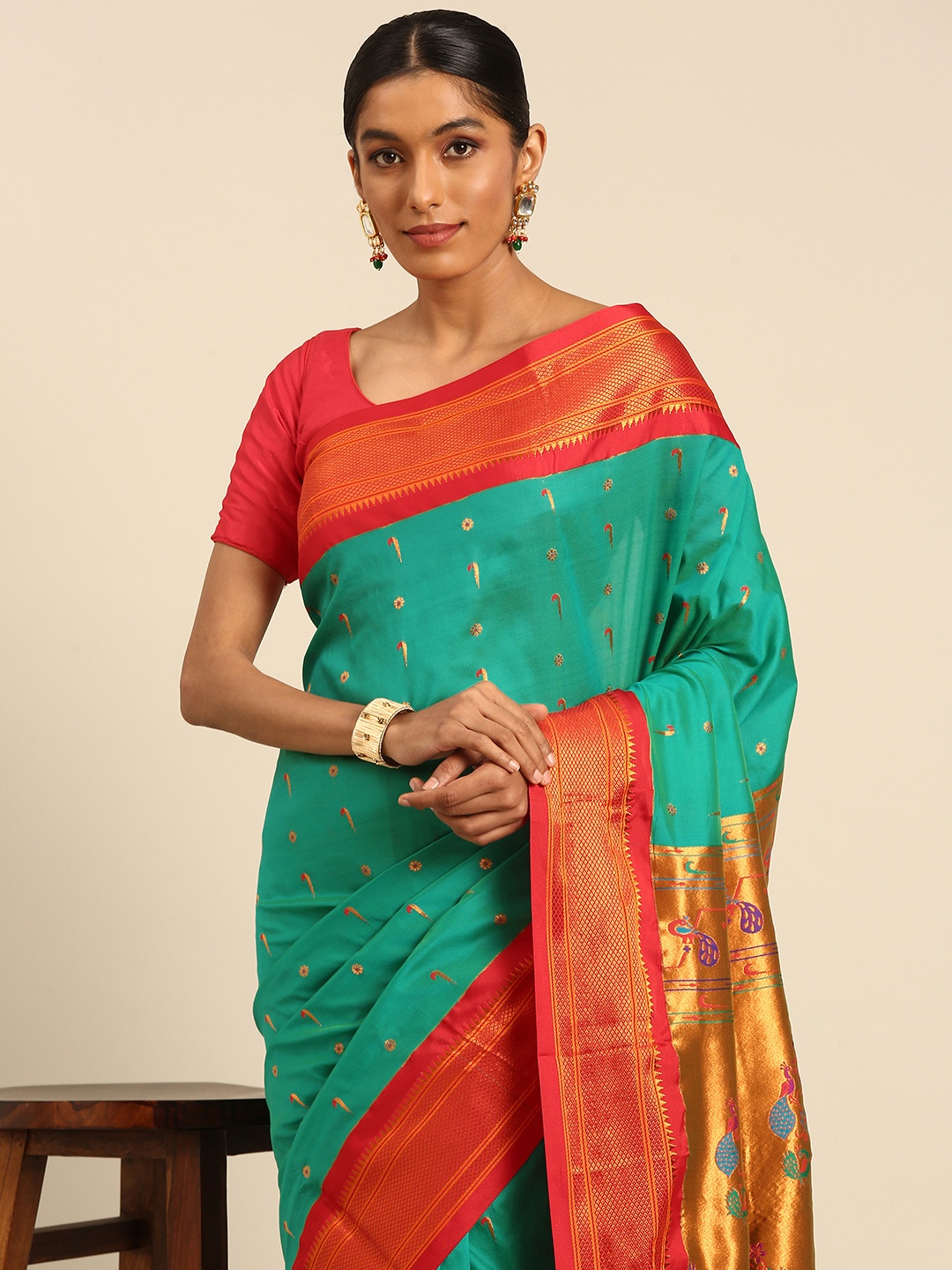 

Varkala Silk Sarees Ethnic Motifs Zari Paithani Saree, Sea green