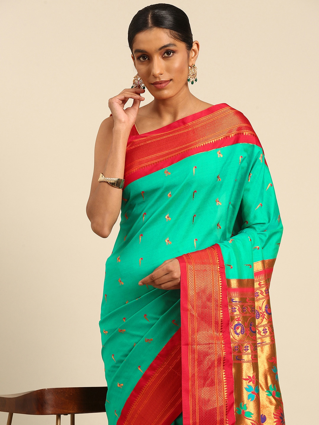 

Varkala Silk Sarees Ethnic Motifs Zari Paithani Saree, Sea green