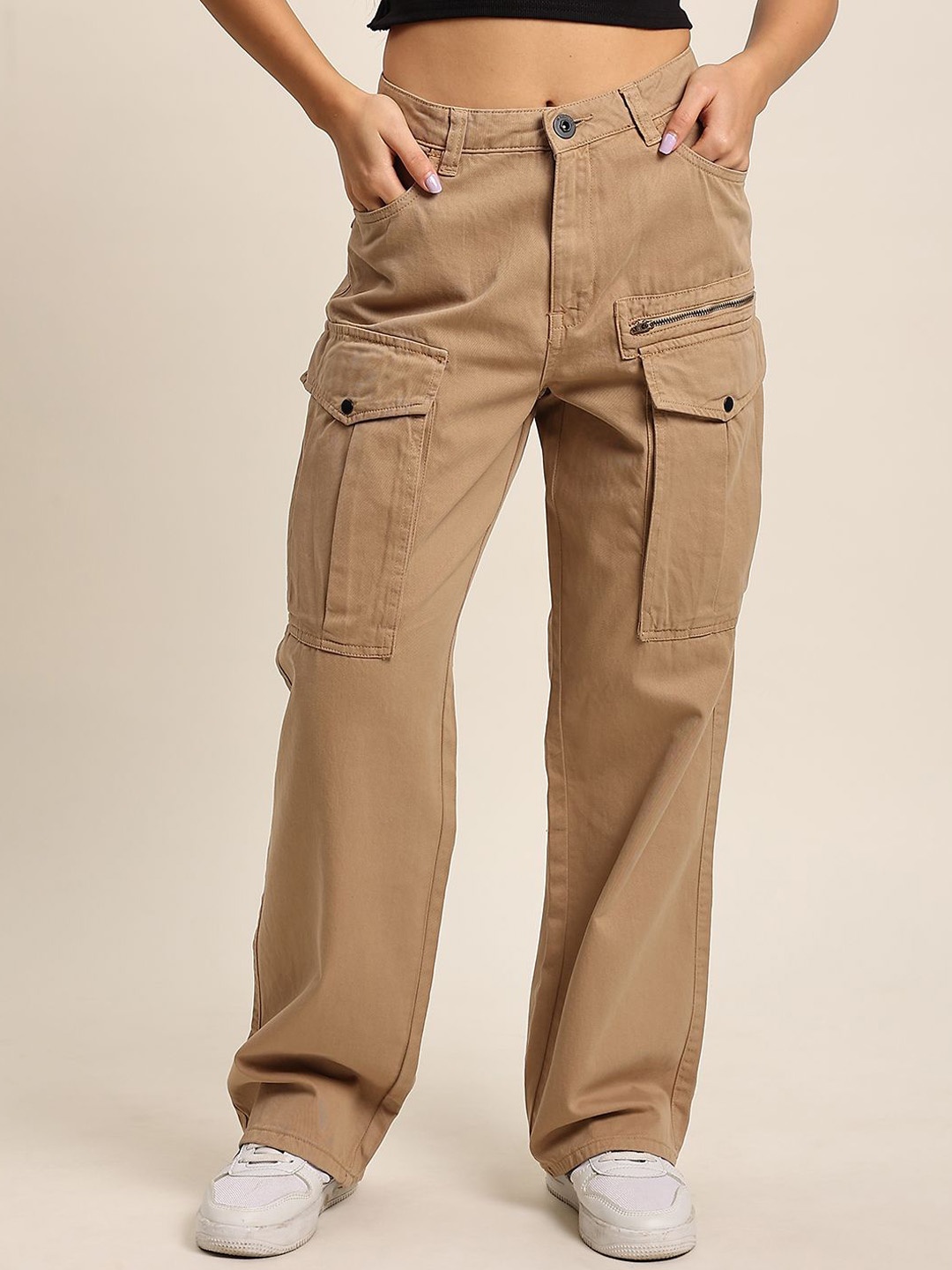 

The Roadster Lifestyle Co. Pure Cotton Straight-Fit Cargo Trousers, Beige