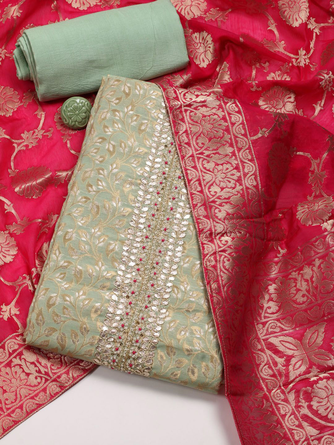 

Meena Bazaar Art Silk Unstitched Dress Material, Green