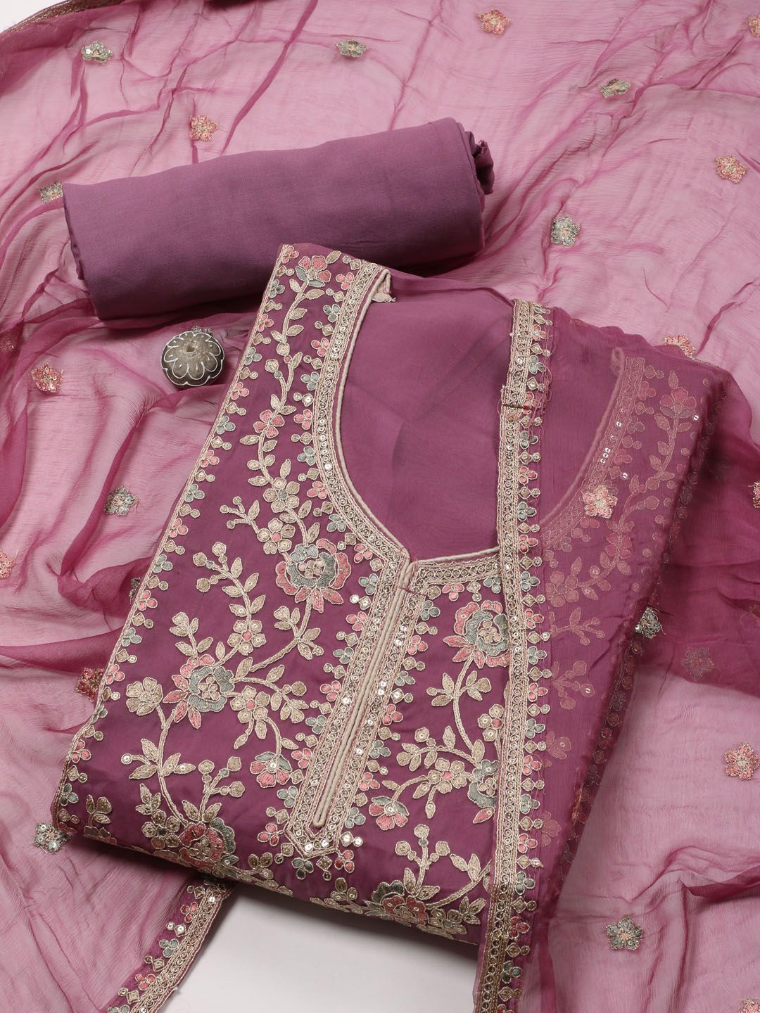 

Meena Bazaar Embroidered Organza Unstitched Dress Material, Lavender