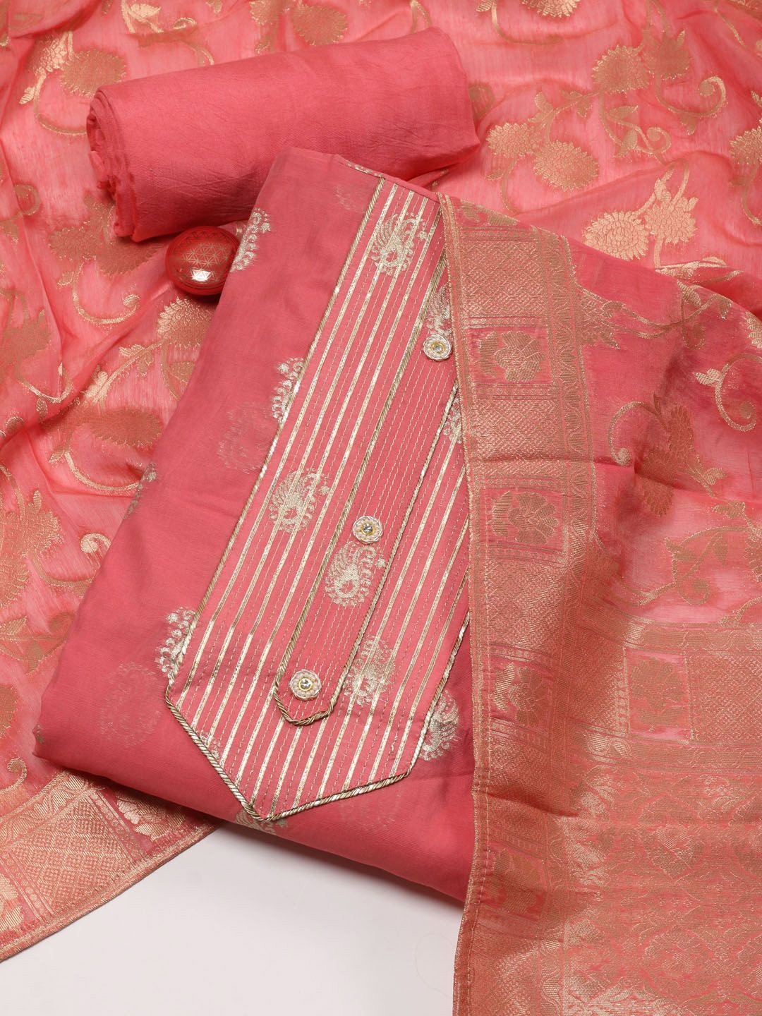 

Meena Bazaar Art Silk Unstitched Dress Material, Coral
