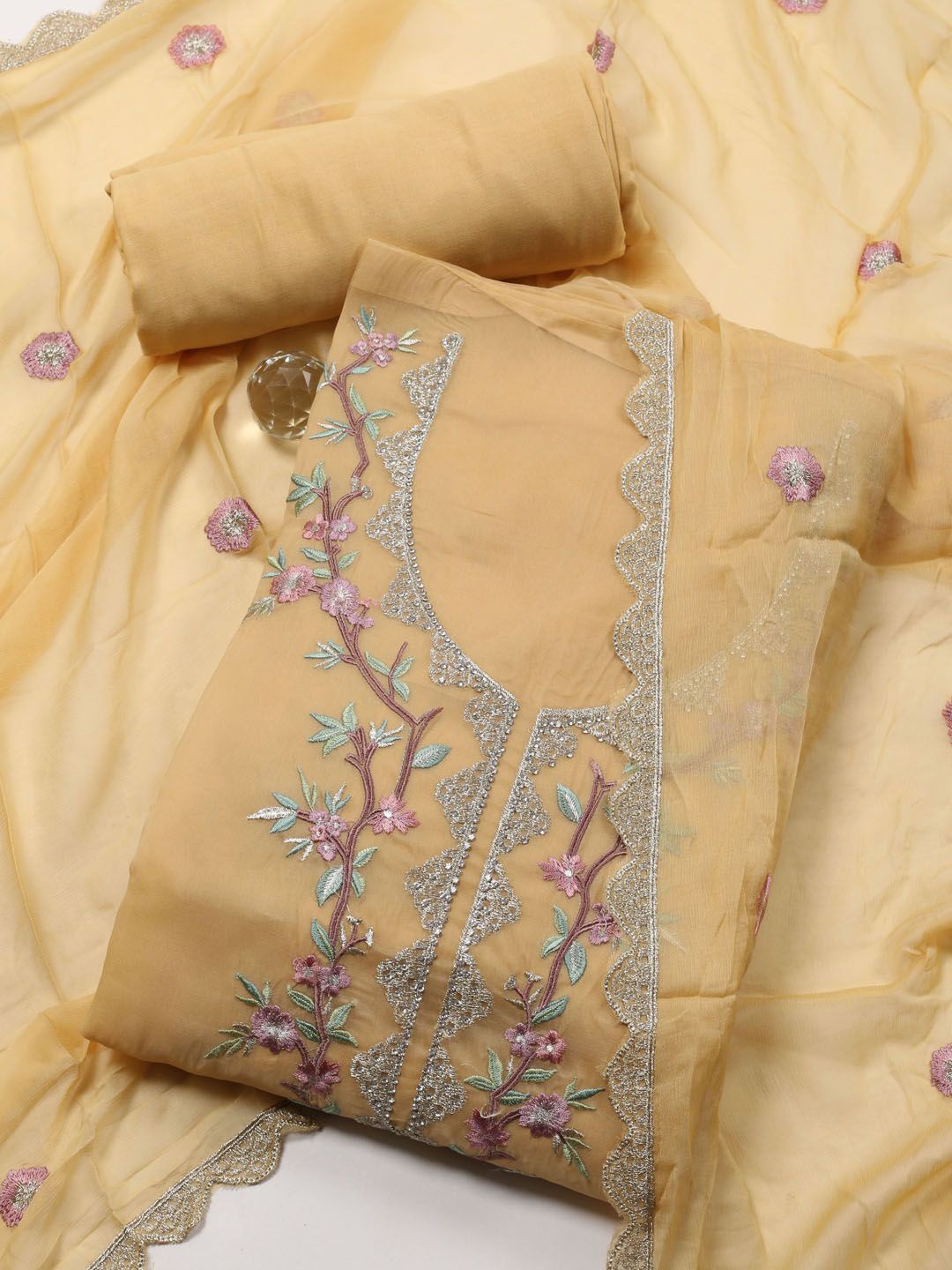 

Meena Bazaar Embroidered Organza Unstitched Dress Material, Yellow