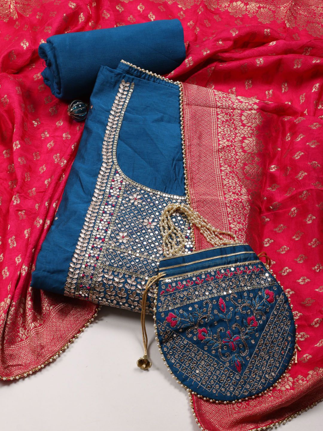 

Meena Bazaar Embroidered Art Silk Unstitched Dress Material, Navy blue