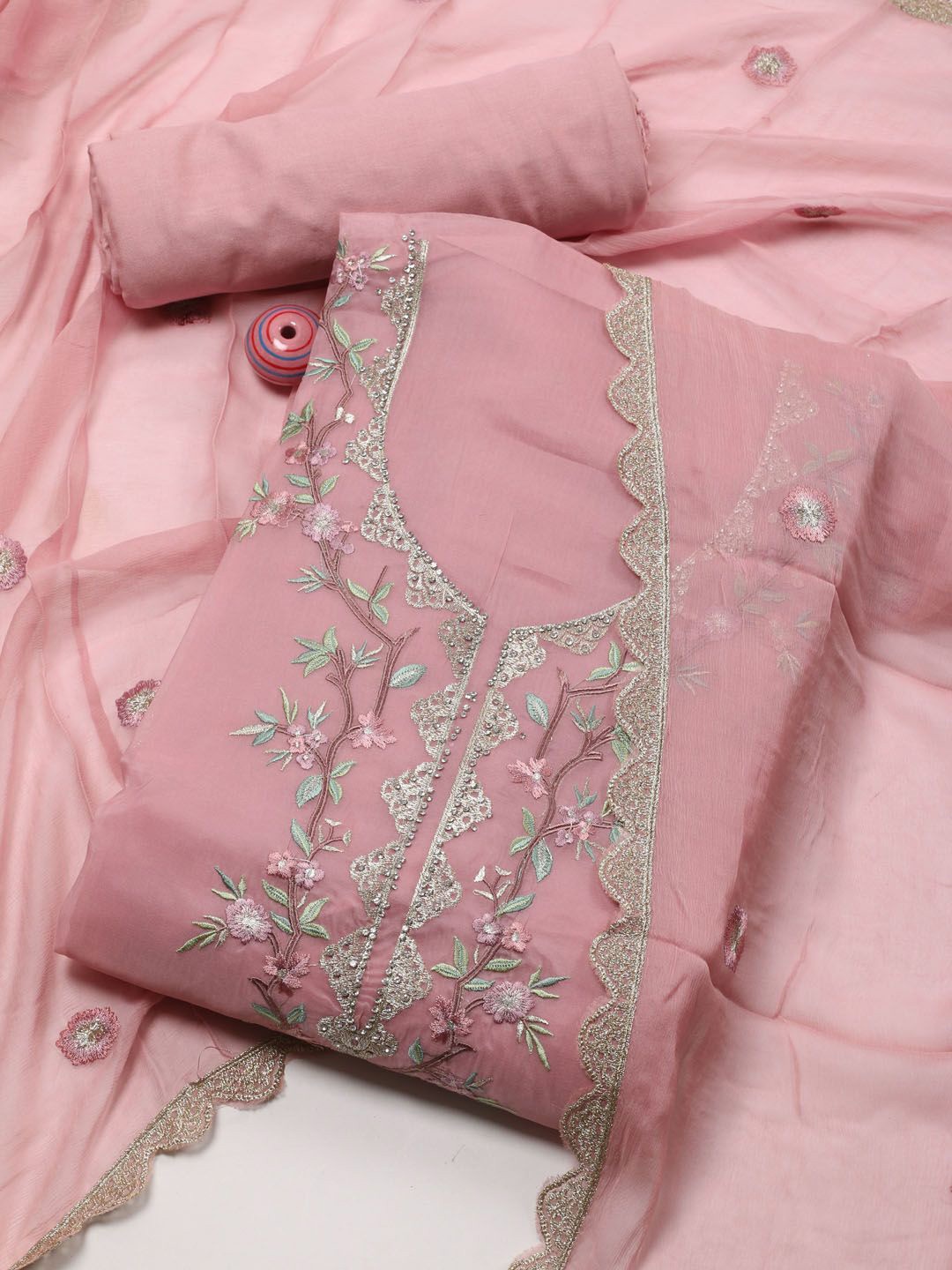

Meena Bazaar Embroidered Organza Unstitched Dress Material, Pink