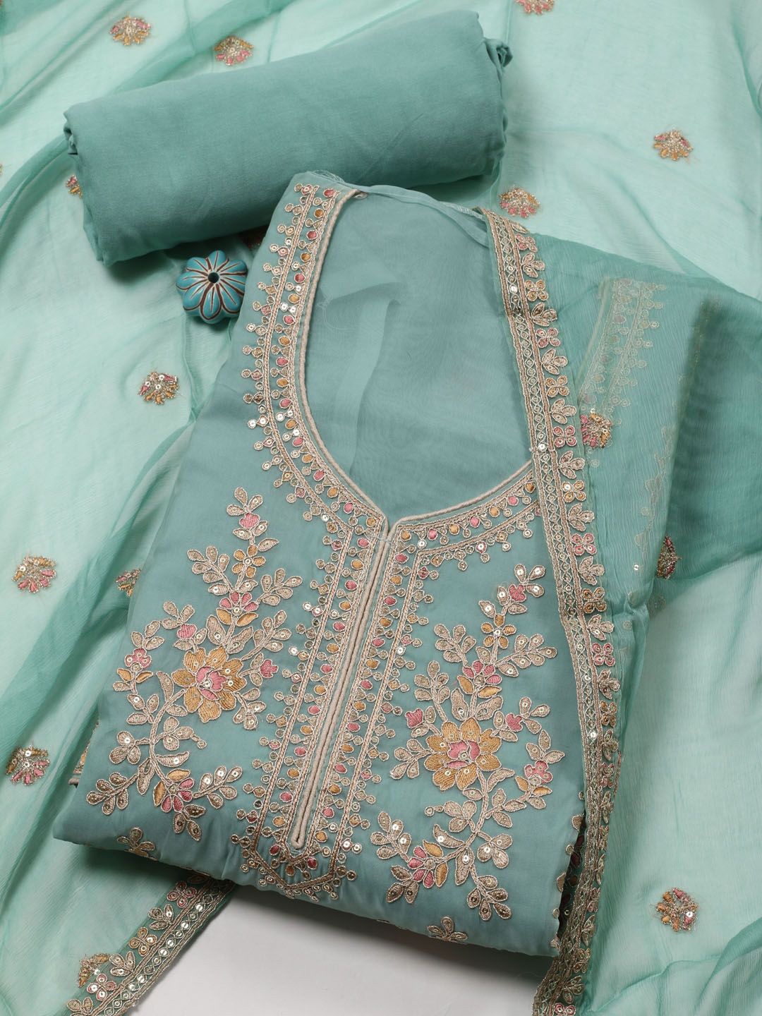 

Meena Bazaar Embroidered Organza Unstitched Dress Material, Sea green