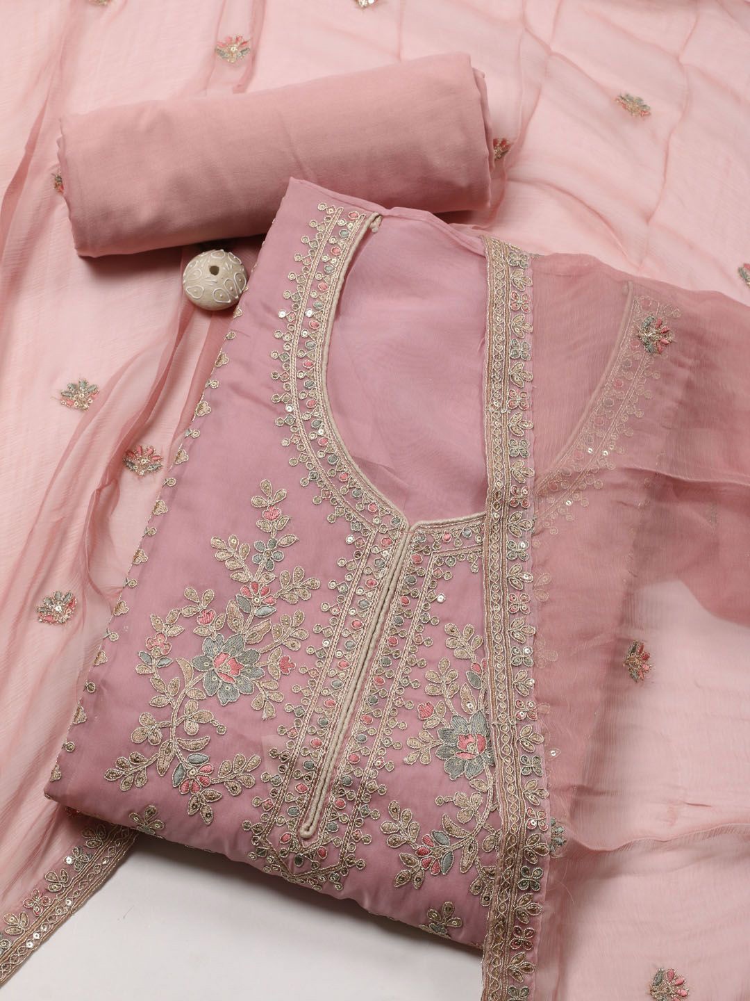 

Meena Bazaar Embroidered Organza Unstitched Dress Material, Pink