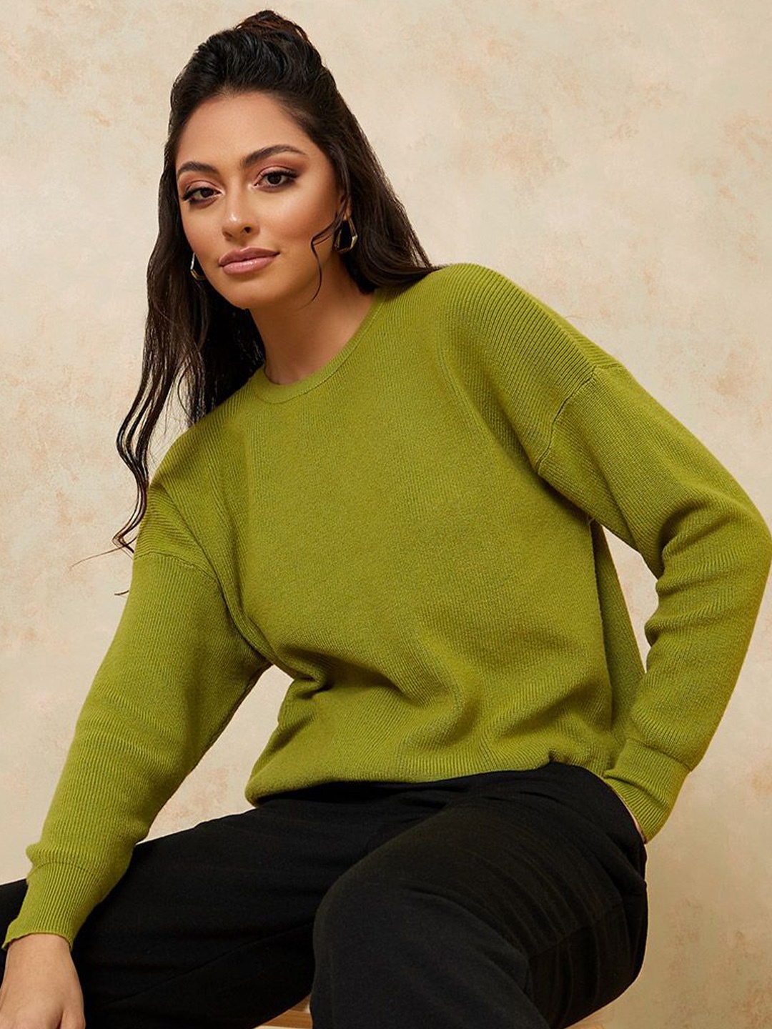 

Styli Women Ribbed Oversized Regular Length Sweater, Olive