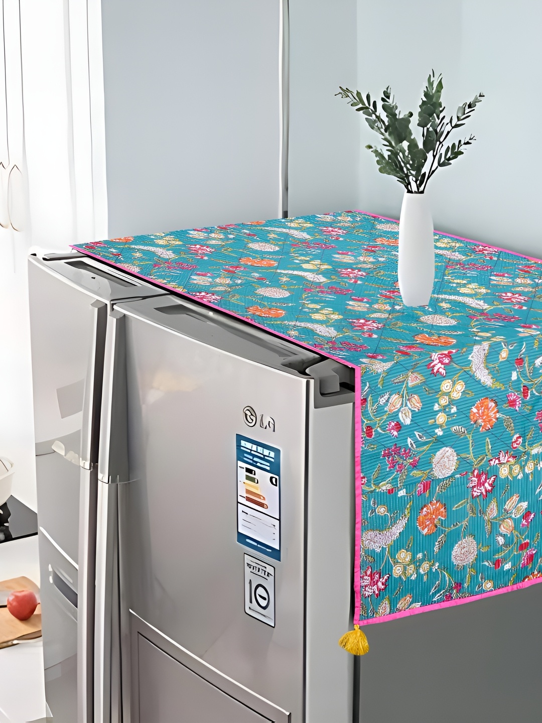 

Astitva Blue & Pink Printed Fridge Cover with Side Storage, Turquoise blue