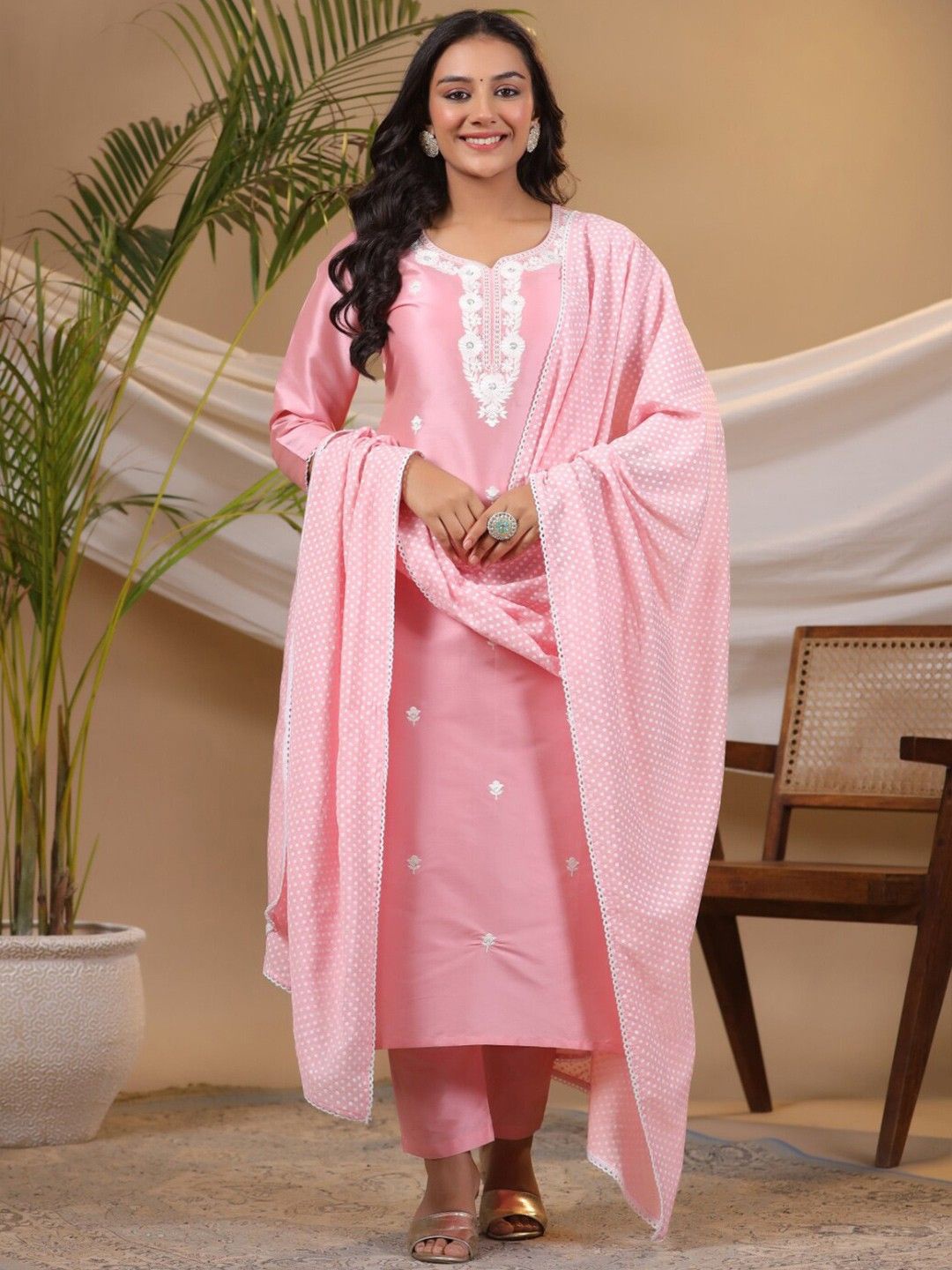 

KALINI Women Floral Embroidered Regular Kurta with Trousers & With Dupatta, Pink